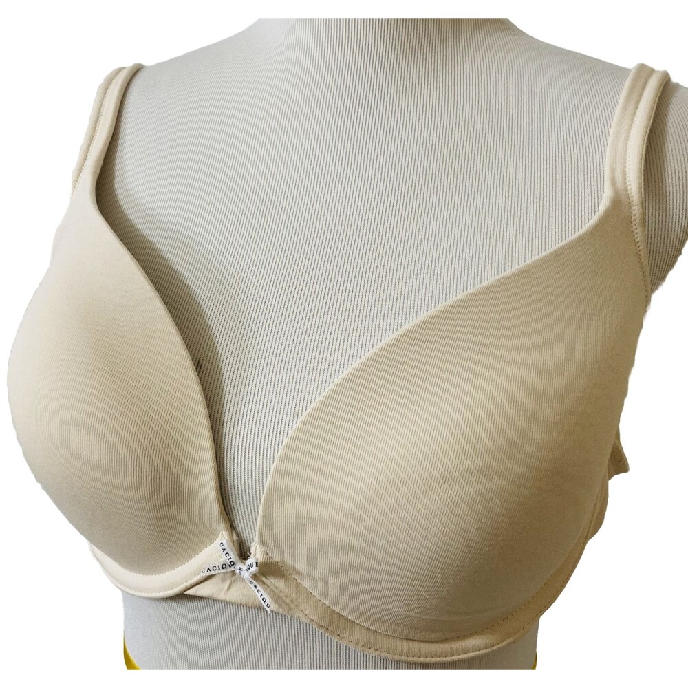 Cacique Sz 40C Beige Bra Plunge Front Padded Push Up Underwire Smooth